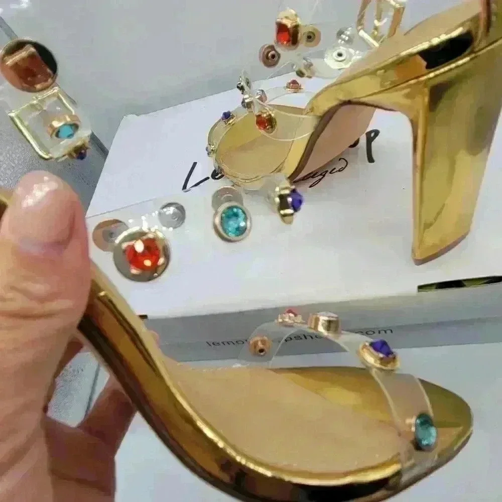 NEW IN BOX Lemon Drop by Privilege Strappy Gold Sandals 6.5 High Heel W/Stones - Picture 9 of 16